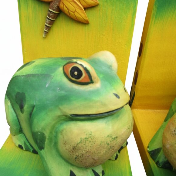 Vintage Frog Bookends, Rustic Hand Painted Wood Frog Decor with Dragonfly Accent - Picture 8 of 8